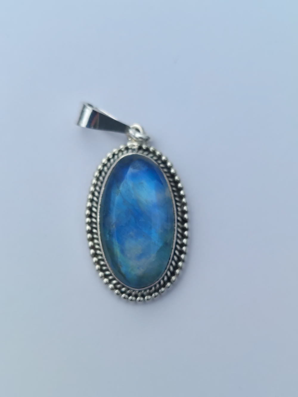 Moonstone Oval Blue Stone Pendant in Silver Frame